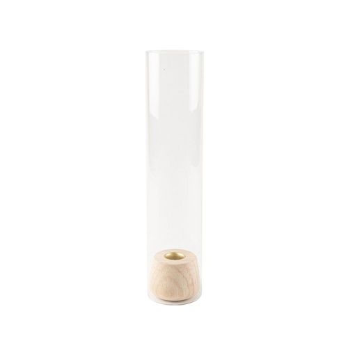 BOUGEOIR PHOTOPHORE TUBE VERRE BASE BOIS 30CM