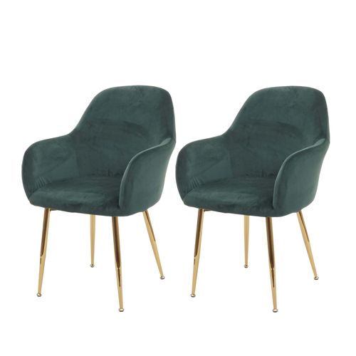 Lot De 2 Chaises De Salle À Manger Design Rétro En Tissu Velours Vert Pieds Métal Dorés 04_0000381