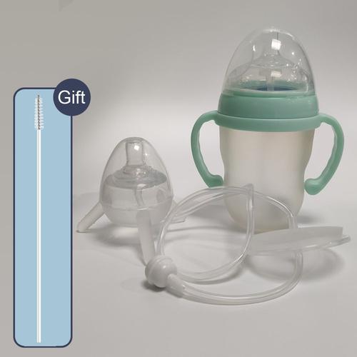 couleur Menthe - Set2 Bouteille d'alimentation en Silicone de 250ml pour bébé, pour boire de l'eau, avec paille, mains libres, Anti-coliques, gobelet pour enfants