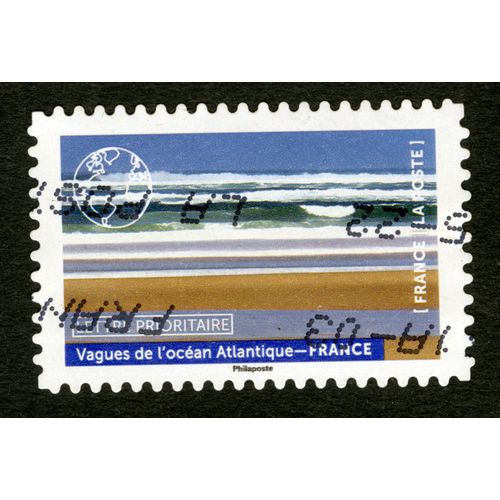 Timbre Oblitéré Vagues De L'océan Atlantique, France, Lettre Prioritaire, La Poste