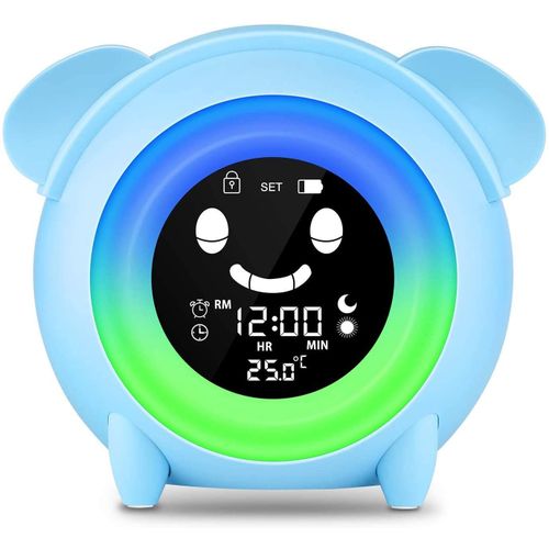 Reveil Enfant Réveil Educatif Jour Nuit Enfant Reveil Garçon Veilleuse 5 Couleurs Lumière avec Lampe de Table et Rappel de Musique, Affichage de Heure et Température [Classe énergétique A+++]