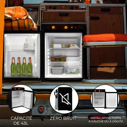 Réfrigérateur Trimixte 43 L Noir Frigo à Absorption 3 Voies Silencieux Camping-Car Sorties 12v , 220v & gaz - Parfait pour Camping-Car, Caravane, Camion [Porte Installation à Gauche ou à Droite]