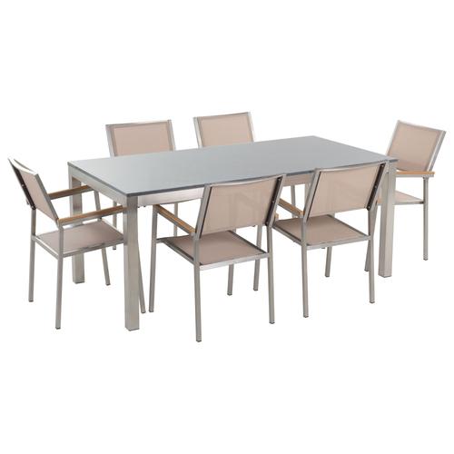 Table De Jardin Plateau Granit Gris Poli 180 Cm 6 Chaises Textile Beige Grosseto