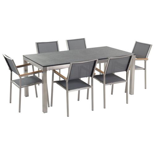 Table De Jardin Plateau Granit Noir Flambé 180 Cm 6 Chaises Textile Gris Grosseto