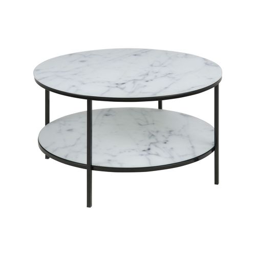 Table Basse Ronde Effet Marbre En Verre Et Métal 2 Niveaux - L.80 Cm X H. 45 Cm - Noir Et Blanc