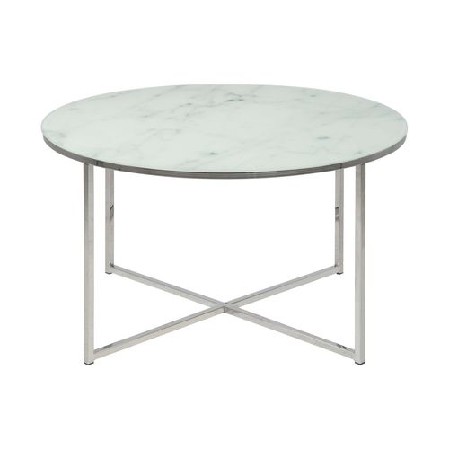 Table Basse Ronde Effet Marbre En Verre Et Métal - L.80 Cm X H. 45 Cm - Blanc