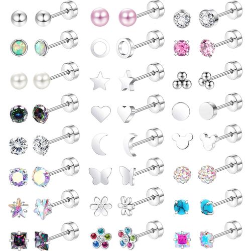 24 Pairs Boucles D'oreilles Femme Acier Inoxydable Hypoallergnique Boucles D'oreilles Papillon Fleur Zircone toile Perles Boucles D'oreilles Femme Argent Boucles D'oreilles Enfants Fille.[X3377]