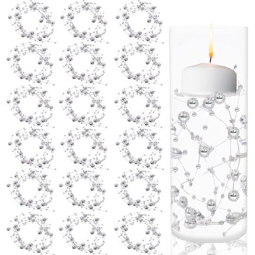 24 Pcs Artificial Pearl Garland For Floating Candles,5 Feet Per String Of Beads For Vase Filler For Wedding Table Party Home Decor,Silver