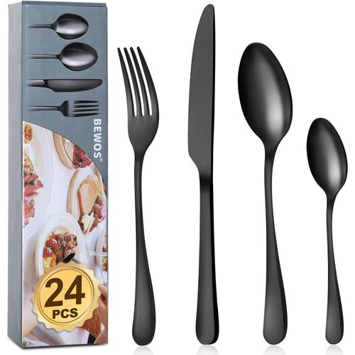 24 Pices Ensemble De Couverts Noir Mat De Haute Qualit En Acier Inoxydable,Couverts Set Fourchettes,Couteaux,Cuillres,Service Pour 6,Passe Au Lave-Vaisselle