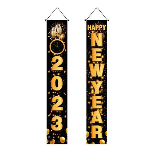 Bannière de porte « Happy New Year » ? 180 x 30 cm ? Toile de fond « Happy New Year » avec cordon de suspension, noir et doré/décorations colorées Happy New Year 2023 pour le réveillon du Nouvel An