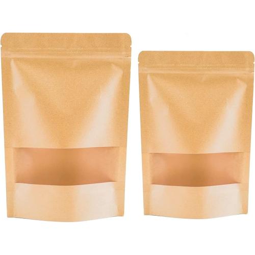 Sac Kraft Papier Sachet Zip Stand Up Nourriture Marron Pochette En Paper À Fenêtre Transparente Stockage La Nourriture Réutilisable Bag Le Pain Noix Cadeau Grains De Café Tea Bijoux 50pcs