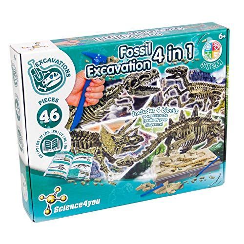 Science4you - Kit De Fouille De Fossiles 4 En 1 Pour Enfants 5 6 7 8 9 10 Ans - Excaver Et Assembler 4 Dinosaures T-Rex Triceratops Velociraptor Et Stegosaurus - Jouet Idéal Pour Filles Et Garçons