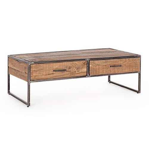 Table Basse 2 Tiroirs 120x60x40 Cm En Acacia Et Métal - Nesly