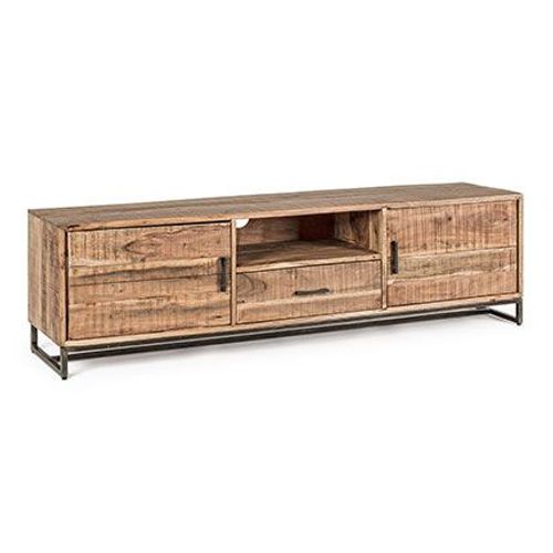 Meuble Tv 2 Portes 1 Tiroir 175x40x50 Cm En Acacia Et Métal - Nesly