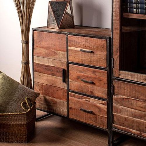 Buffet 1 Porte 3 Tiroirs 90x40x90 Cm En Acacia Et Métal - Nesly