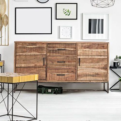 Buffet 2 Portes 3 Tiroirs 145x40x77 Cm En Acacia Et Métal - Nesly