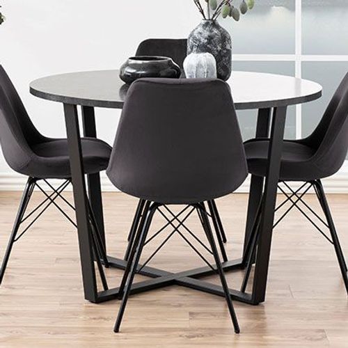 Table À Manger Ronde 110 Cm Plateau Aspect Marbre Noir Et Métal Noir