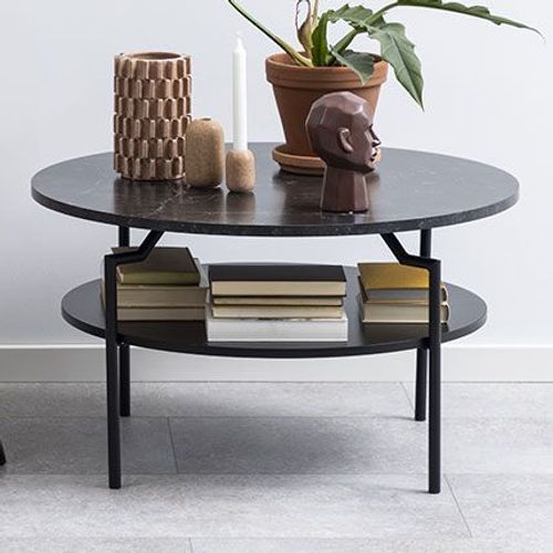 Table Basse Ronde 80 Cm Aspect Marbre Noir Et Métal Noir - Othello