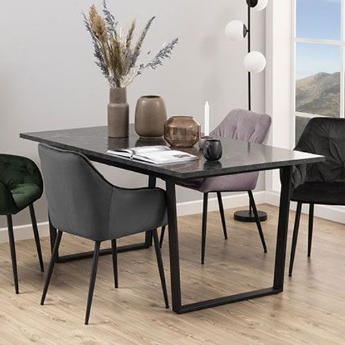 Table À Manger 160x90x74 Cm Plateau Aspect Marbre Noir Et Métal Noir
