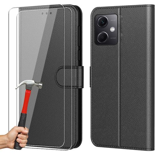 Coque + 2 Verres Trempé Pour Redmi Note 12 5g, Coque Protection Antichoc Effet Cuir Noir - E.F.Connection