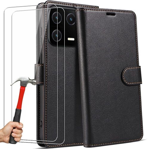 Coque Pour Xiaomi 13 - Portefeuille Support Noir Effet Cuir Et 2 Verres Trempés - E.F.Connection