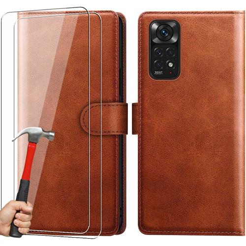 Coque Pour Redmi Note 11 / Note 11s - Portefeuille Support Marron Effet Cuir Et 2 Verres Trempés - E.F.Connection