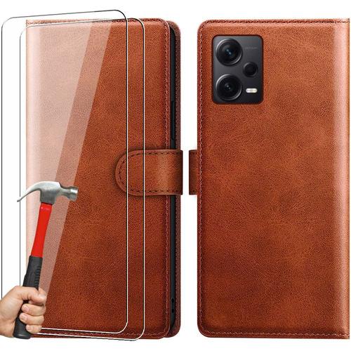 Coque Pour Redmi Note 12 Pro+ (Note 12 Pro Plus) Avec 2 Verres Trempés, Protection Effet Cuir Marron - E.F.Connection