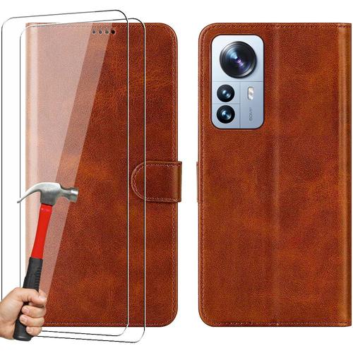 Coque Pour Xiaomi 12 Pro + 2 Verres Trempés, Effet Cuir Antichoc Intégral Portefeuille Marron - E.F.Connection