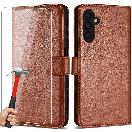 Coque Pour Samsung Galaxy A14 5g + 2 Verres Trempés - Coque Portefeuille Marron Anti Rayure Élégante - E.F.Connection