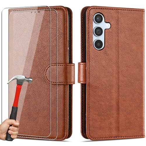 Coque Pour Samsung Galaxy A54 5g Portefeuille Support Marron Effet Cuir Et 2 Verres Trempés - E.F.Connection