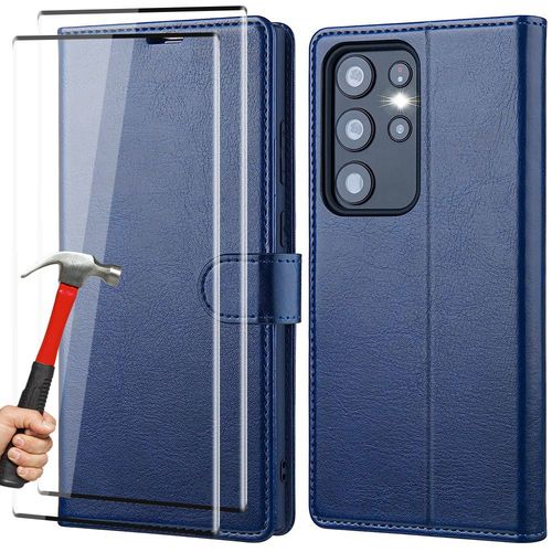 Coque Pour Samsung Galaxy S23 Ultra + 2 Verres Trempés, Protection Cuir Pu Bleu Marine - E.F.Connection