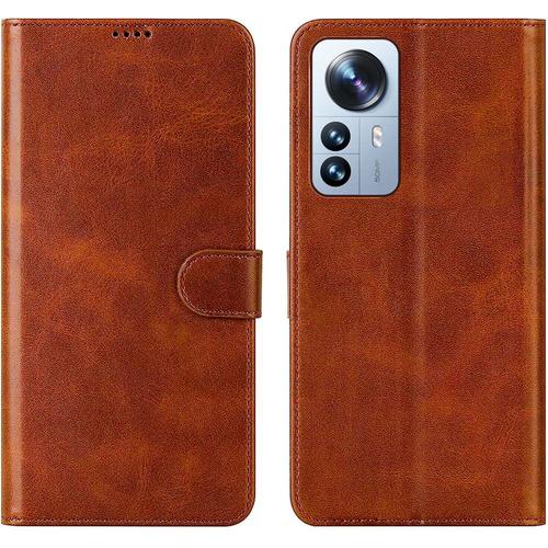 Coque Pour Xiaomi 12 Pro Effet Cuir Portefeuille Marron Fermeture Magnétique - E.F.Connection