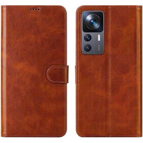 Coque Pour Xiaomi 12t / 12t Pro - Coque Rabat Effet Cuir Elégant Fermeture Magnétique - Marron - E.F.Connection