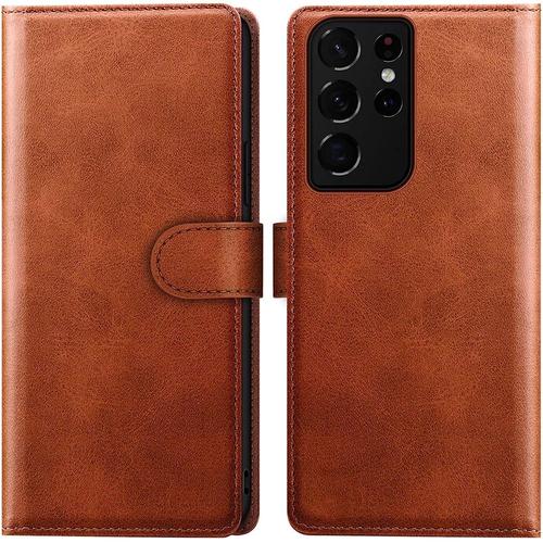 Coque Pour Samsung Galaxy S21 Ultra Marron Effet Cuir Antichoc Protection 360° Avec Rangement Billet Carte - E.F.Connection