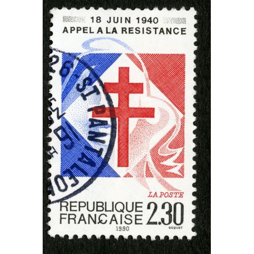 Timbre Oblitéré Appel À La Résistance, 18 Juin 1940, La Poste, République Française, 1990, Bequet, 2,30