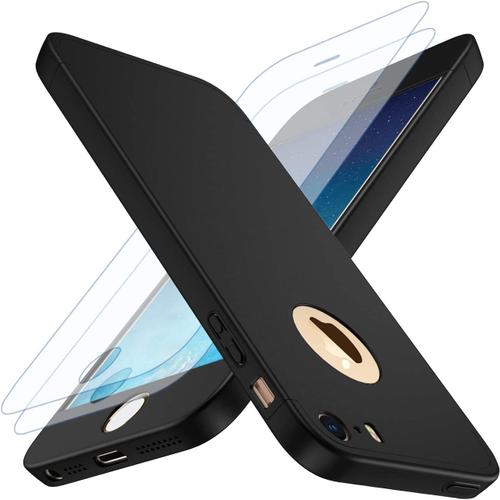 Coque Pour Iphone Se 2016/ Iphone 5s/ Iphone 5 + 2 X Verre Trempé Protecteur D'écran 360°Robuste 3 En 1 Antichoc Anti-Rayures Dur Pc Coque Pour Iphone Se 2016 Housse Étui -Noir