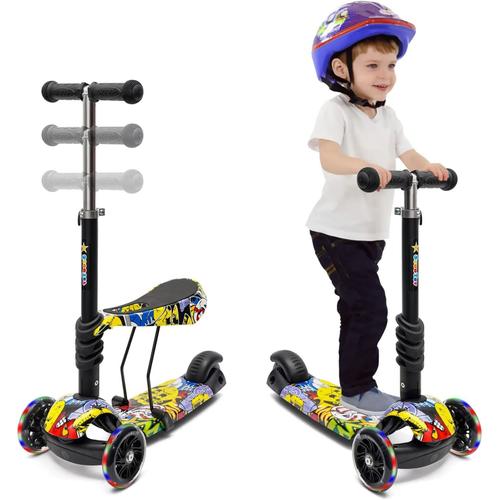 Trottinette 3 En 1 Pour Enfant Avec Siège Amovible Et Roues Lumineuses À Led Trottinette Réglable En Hauteur Avec Frein Arrière Pour Tout-Petits Garçons Filles À Partir De 2 Ans