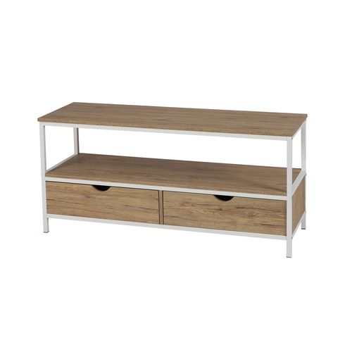 Meuble Tv Casa Blanca En Panneaux De Particules Et Métal 2 Tiroirs - L.120 Cm X H.57 Cm - Beige Et Blanc