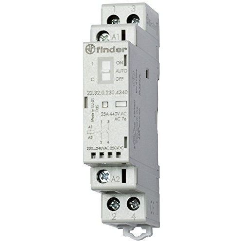Finder 223200244340PAS Contacteur modulaire 24 VAC/DC 2 NO 25 A AgSno2 Indicateur mécanique/LED avec Sélecteur