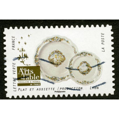 Timbre Oblitéré Les Arts De La Table, Porcelaine & Faïence, Plat Et Assiette Production Lyon, La Poste, France, Lettre Verte