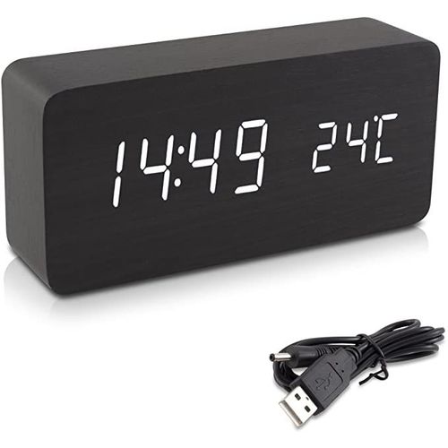 Noir Réveil Bois LED Horloge Digitale Aspect Bois Réveil Matin Tactile avec Fonction Date Heure Température Rectangle Blanc et LED