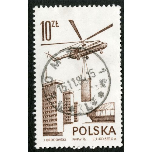 Timbre Oblitéré Polska, Helikopter, Brodowski, Tirdiszek, 1976, 10 Zl