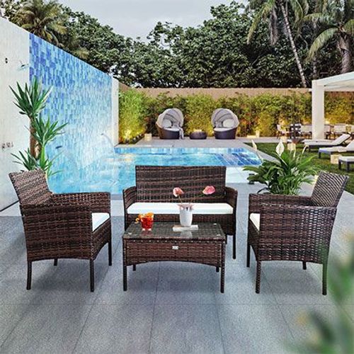 Salon De Jardin Résine Tressée 4 Places + Table Rectangle Marron Avezu