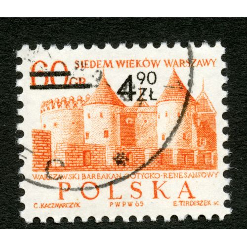 Timbre Oblitéré Polska, Siedem Wiekow Warszawy, Warszawski Barbakan Gotycko-Renesansowy, Kaczmarczyk, Tirdiszek, 1965, 60 Gr, 4,90 Zl