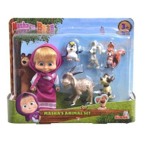 Coffret Masha Et Michka : Poupée Masha Et Ses 5 Amis Animaux - Set Masha Avec Chèvre Chien Lapin Écureuil + 1 Carte