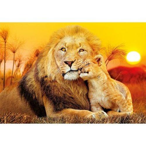 Puzzle Enfant 180 Pieces Le Lion Et Le Lionceau - Set Puzzle Animaux Sauvages + 1 Carte Tigre
