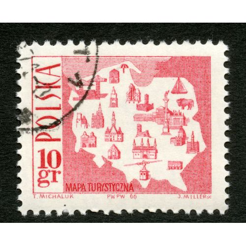 Timbre Oblitéré Polska, Mapa Turystyczna, Michaluk, Miller, 1966, 10 Gr