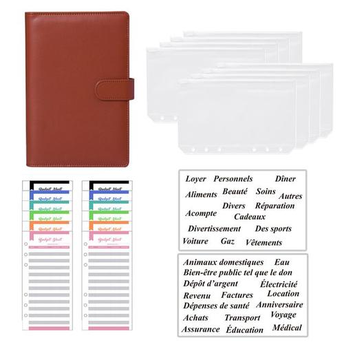 Couleur Marron 1 Classeur De Budget En Pvc, Organisateur Avec Enveloppe Pour Billet D'argent A6, Carnet De Notes, Planificateur, Autocollants De L'alphabet Français, Pochette À Fermeture Éclair