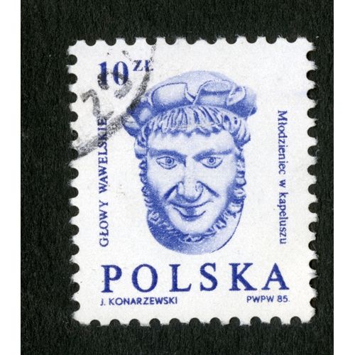 Timbre Oblitéré Polska, Glowy Wawelskie, Mlodzieniec W Kapeluszu, Konarzewski, 1985, 10 Zl