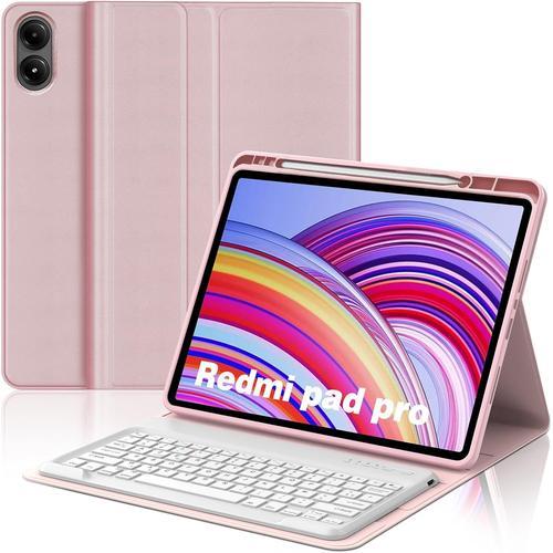 Coque Clavier Pour Redmi Pad Pro 12.1 Pouces 2024, Azerty Français Clavier Bluetooth Magnétique Détachable Avec Fente Pour Stylo Pour Tablette Xiaomi Redmi Pad Pro 12.1"", Rose